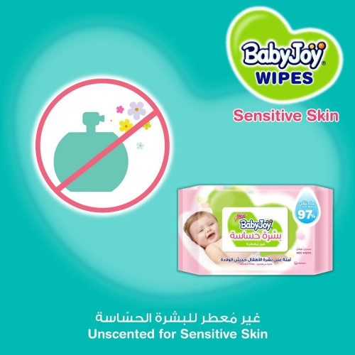 BABYJOY، للبشرة الحساسة ، عبوة مناديل مبللة للتدفق ، مطفي بغطاء بلاستيكي - 76 قطعة