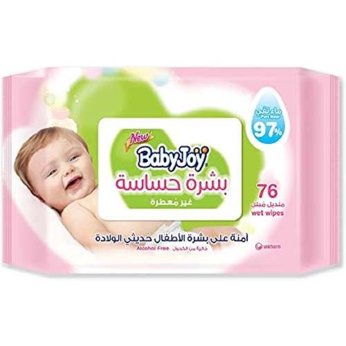 BABYJOY، للبشرة الحساسة ، عبوة مناديل مبللة للتدفق ، مطفي بغطاء بلاستيكي - 76 قطعة
